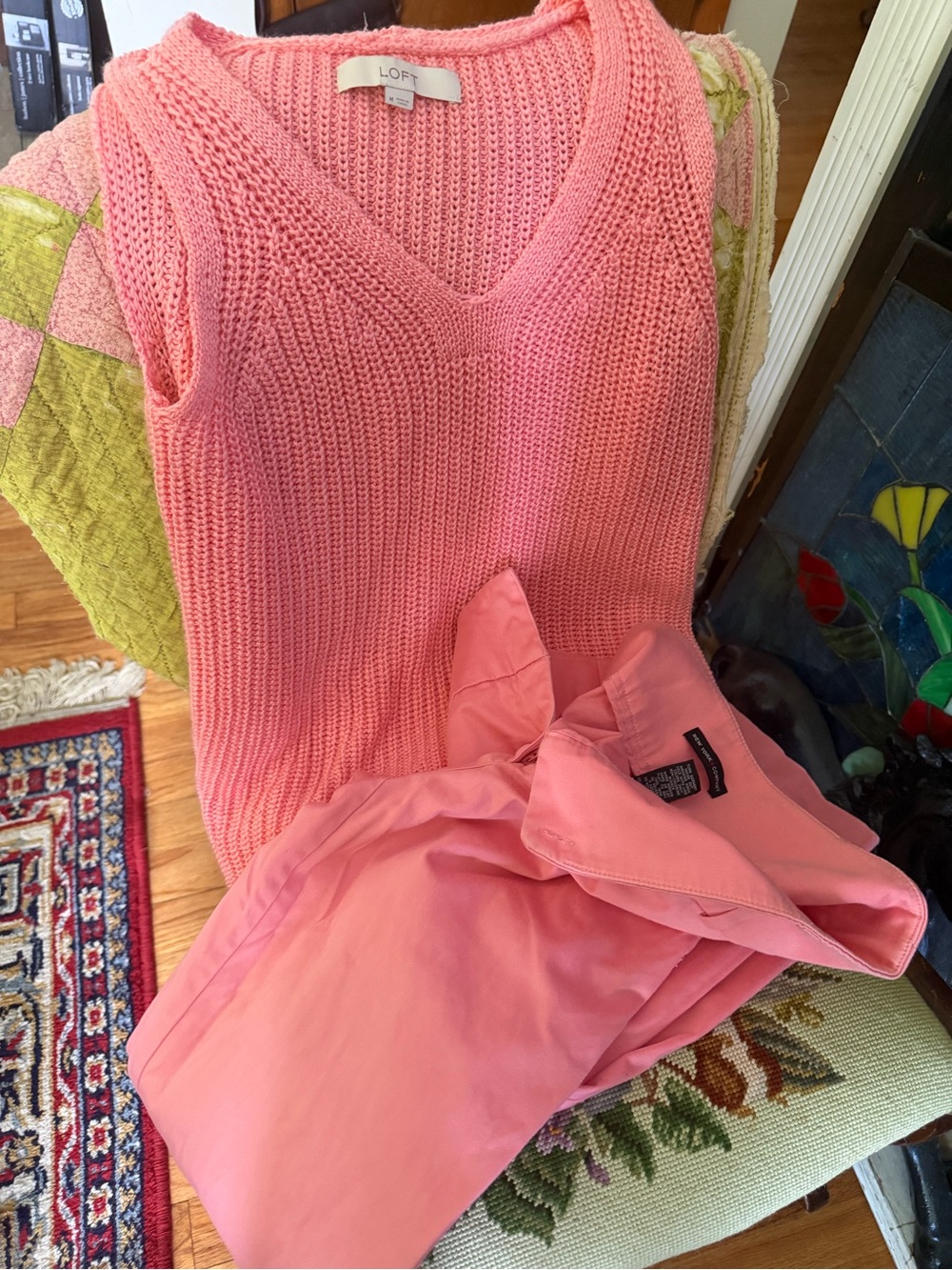 LOFT Medium Coral Knit V-Neck Sweater Vest & NY & Co coral slacks size 8